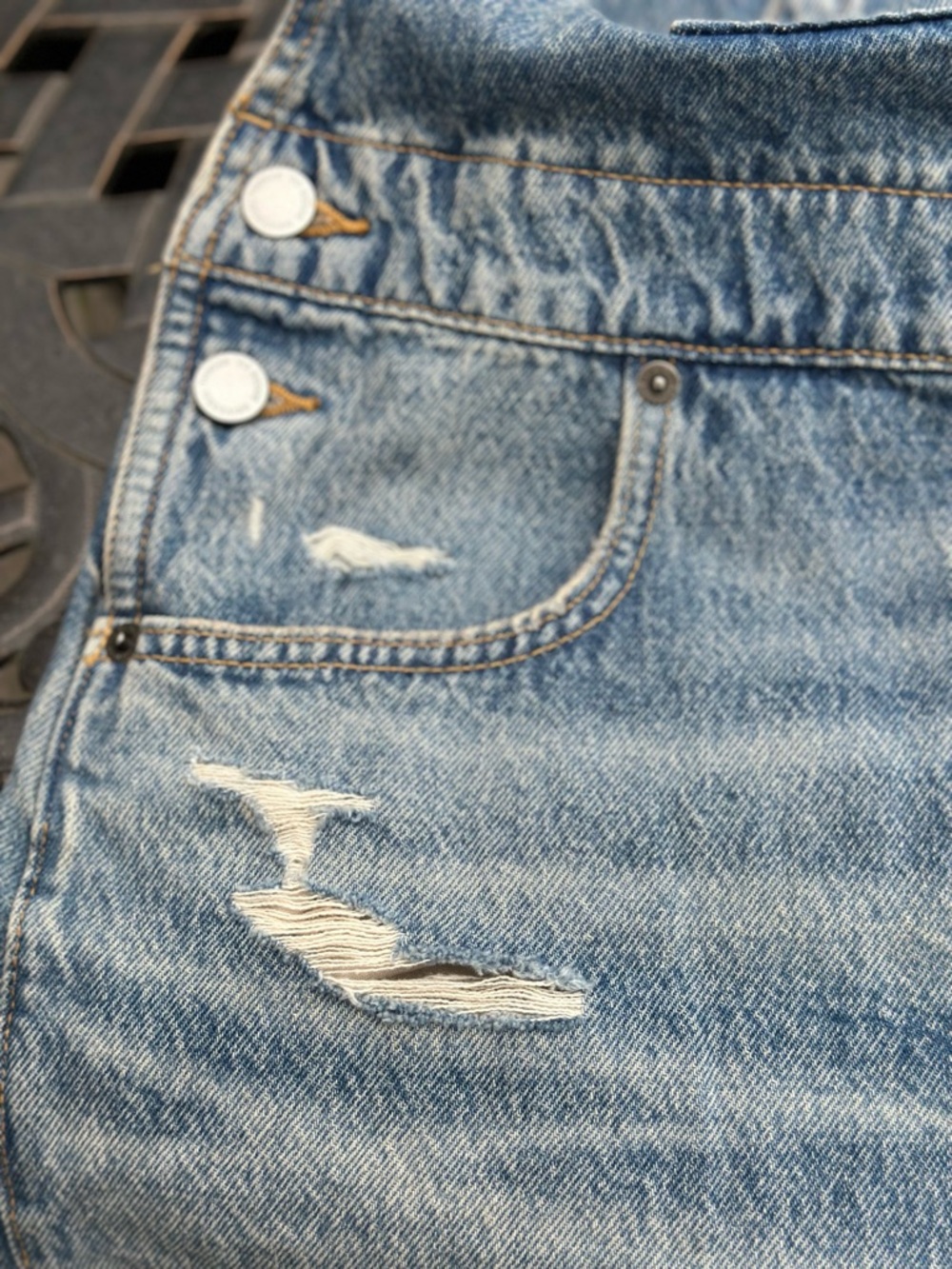 Universal Thread Blue Denim Distressed Overall Shorts Front Back Pockets - Picture 3 of 11